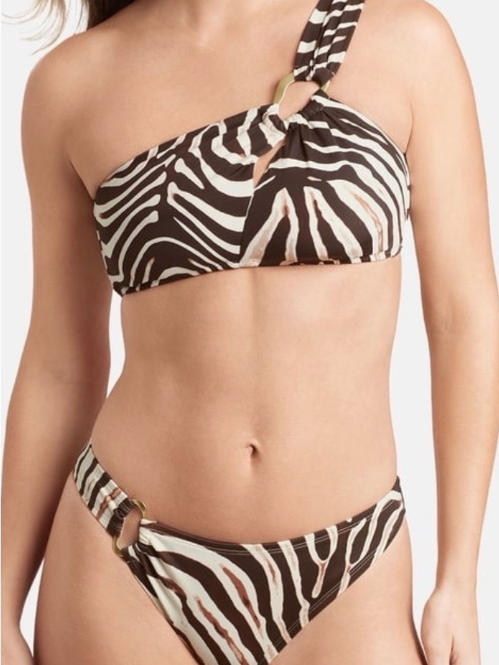 sofia by sofia vergara Brown and Cream Zebra One-Shoulder Bikini Top